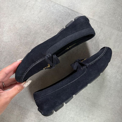 Prada Logo Ribbon Driving Shoes Navy Gold Hardware Suede 35 1 2 Women's Shoes