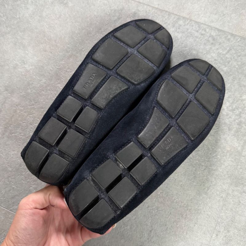 Prada Logo Ribbon Driving Shoes Navy Gold Hardware Suede 35 1 2 Women's Shoes