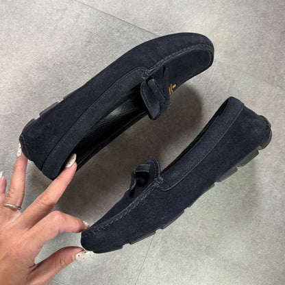 Prada Logo Ribbon Driving Shoes Navy Gold Hardware Suede 35 1 2 Women's Shoes