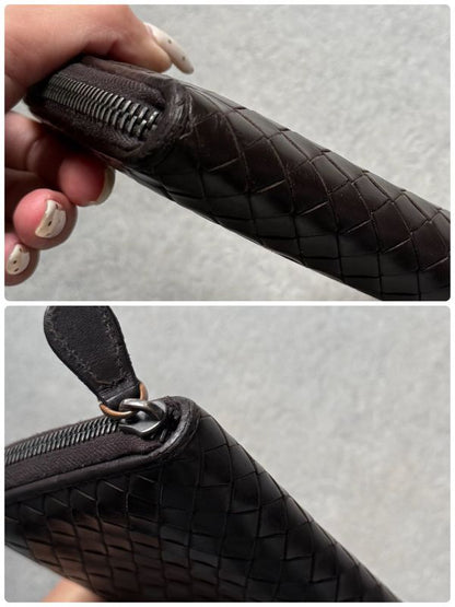 Bottega Veneta Round Zipper Long Wallet Intrecciato Calf Leather Dark Brown Men