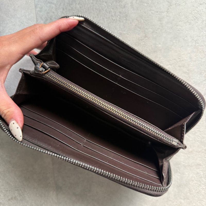 Bottega Veneta Round Zipper Long Wallet Intrecciato Calf Leather Dark Brown Men