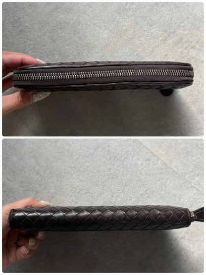Bottega Veneta Round Zipper Long Wallet Intrecciato Calf Leather Dark Brown Men