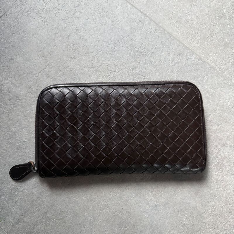 Bottega Veneta Round Zipper Long Wallet Intrecciato Calf Leather Dark Brown Men