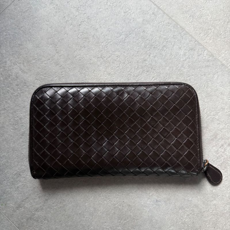 Bottega Veneta Round Zipper Long Wallet Intrecciato Calf Leather Dark Brown Men