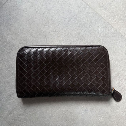 Bottega Veneta Round Zipper Long Wallet Intrecciato Calf Leather Dark Brown Men