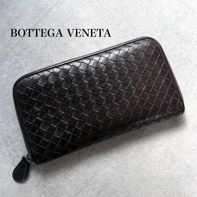 Bottega Veneta Round Zipper Long Wallet Intrecciato Calf Leather Dark Brown Men