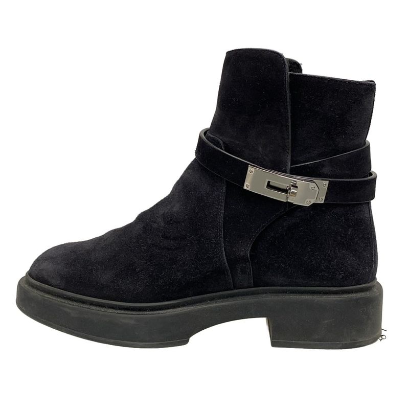 Hermes Short Boots 37 Women's Veo Black Kelly Buckle/silver Hardware Mouton