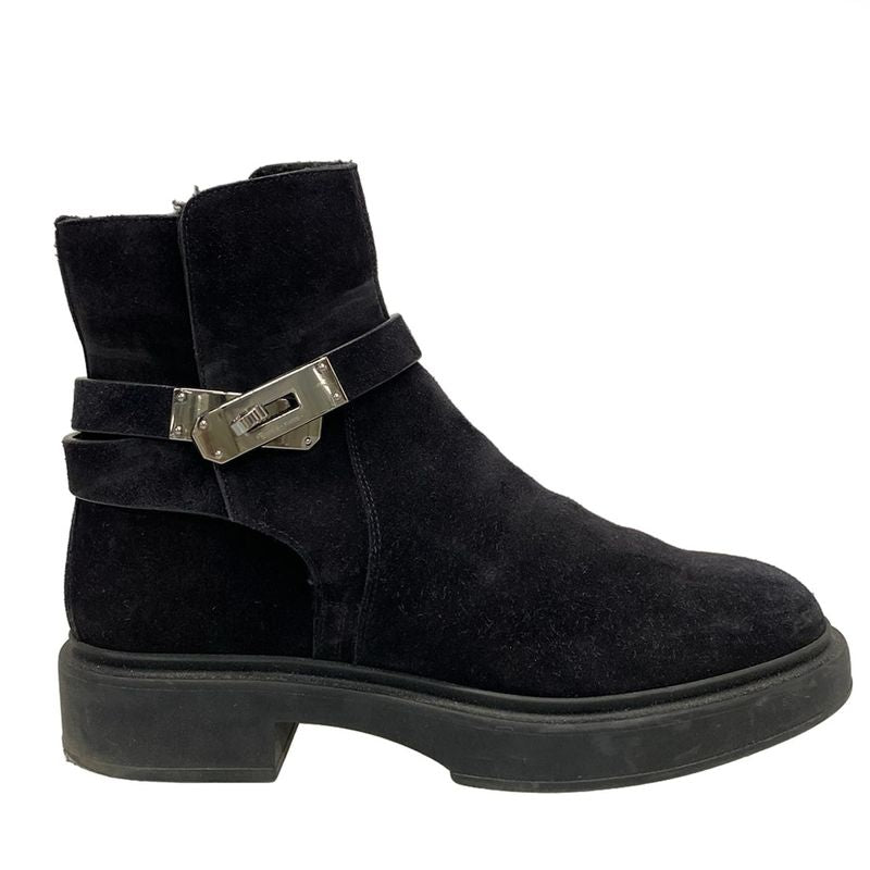 Hermes Short Boots 37 Women's Veo Black Kelly Buckle/silver Hardware Mouton