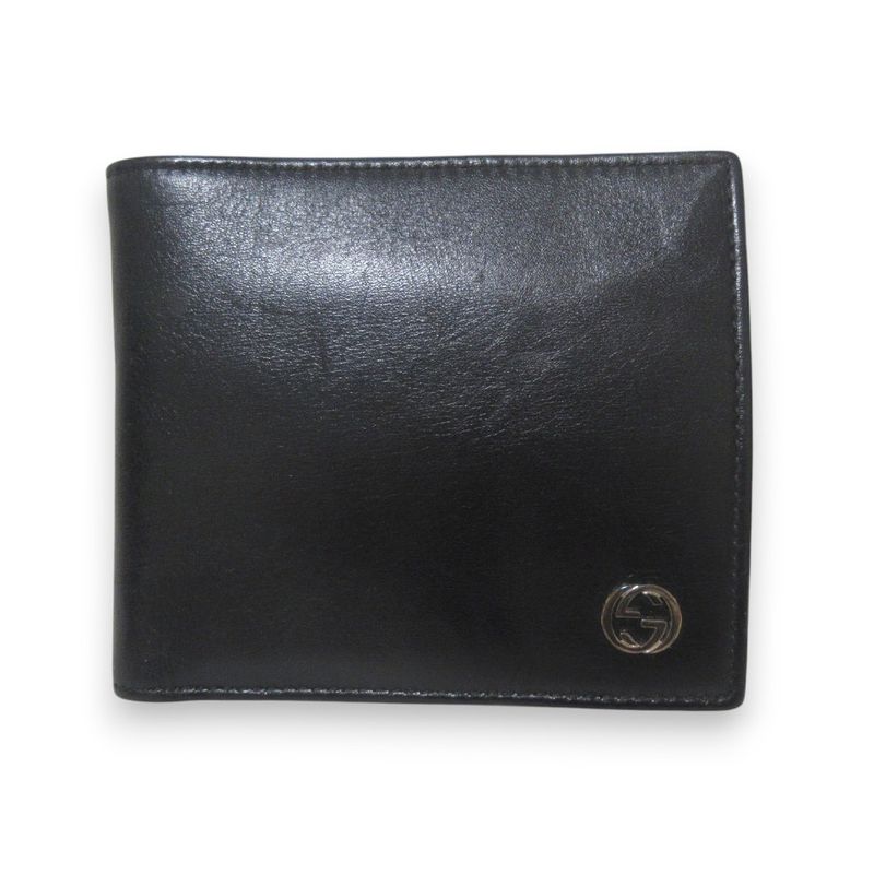 Gucci Interlocking G Leather Bifold Wallet Compact Wallet Black Women's Used