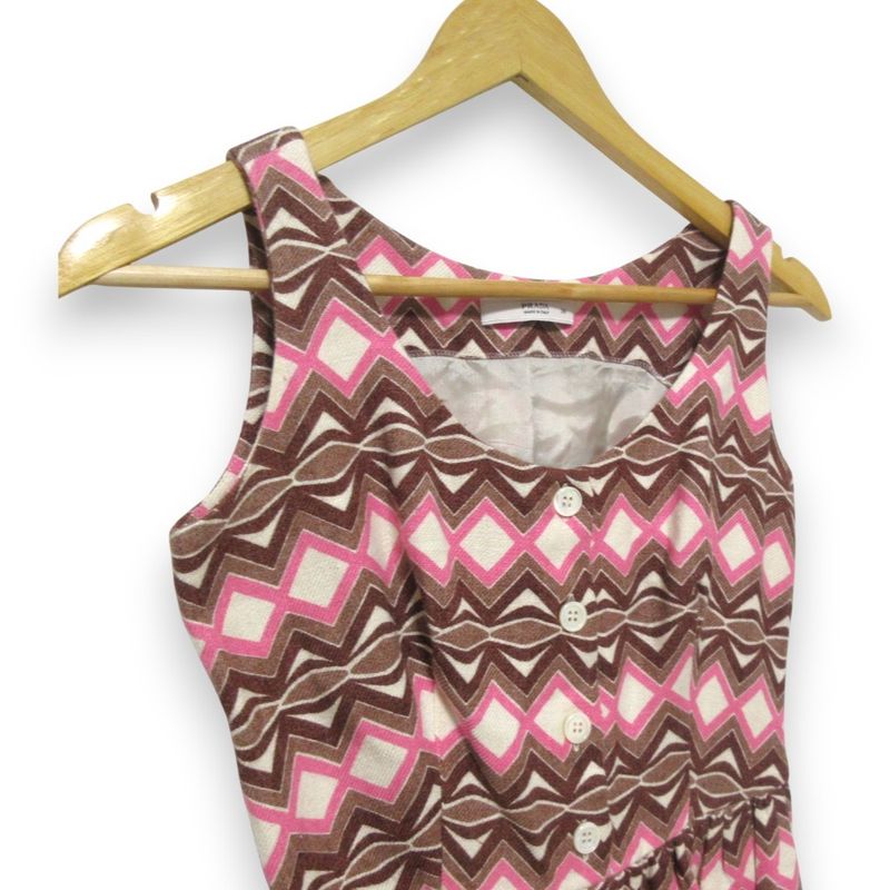 Prada Linen And Silk Total Pattern Sleeveless Knee-length Dress Size 38 Brown