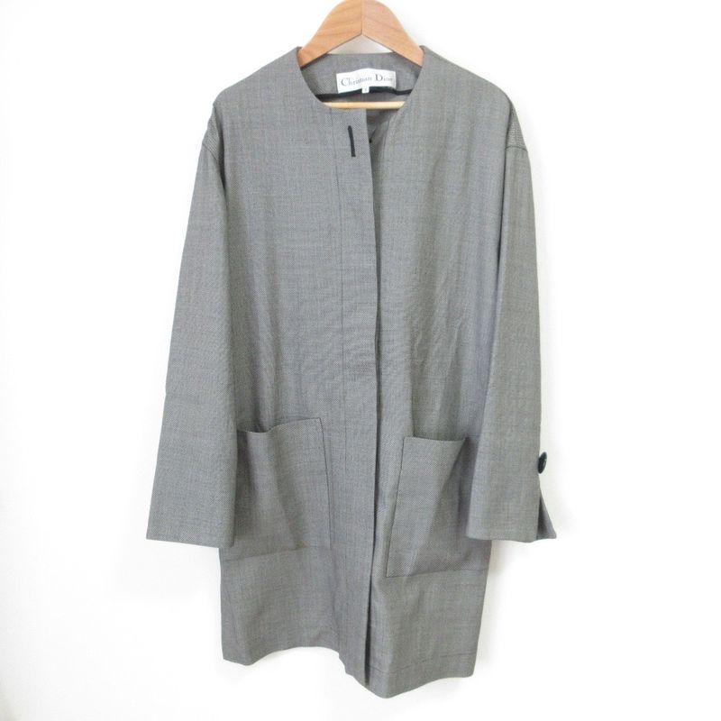 Christian DIOR Vintage Plaid Patterned Winged Mid-length Wool Collarless Jacket