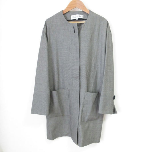 Christian DIOR Vintage Plaid Patterned Winged Mid-length Wool Collarless Jacket