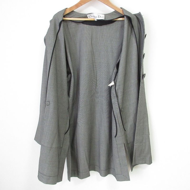 Christian DIOR Vintage Plaid Patterned Winged Mid-length Wool Collarless Jacket