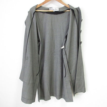 Christian DIOR Vintage Plaid Patterned Winged Mid-length Wool Collarless Jacket