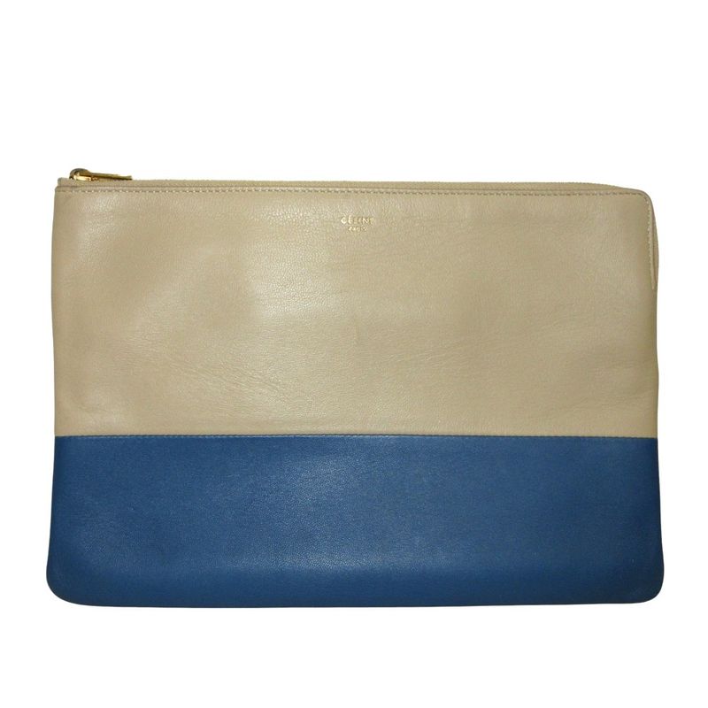 Celine Solo Bicolor Leather Clutch Bag Beige Blue Ladies Used