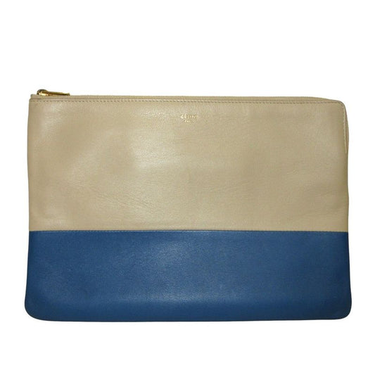Celine Solo Bicolor Leather Clutch Bag Beige Blue Ladies Used