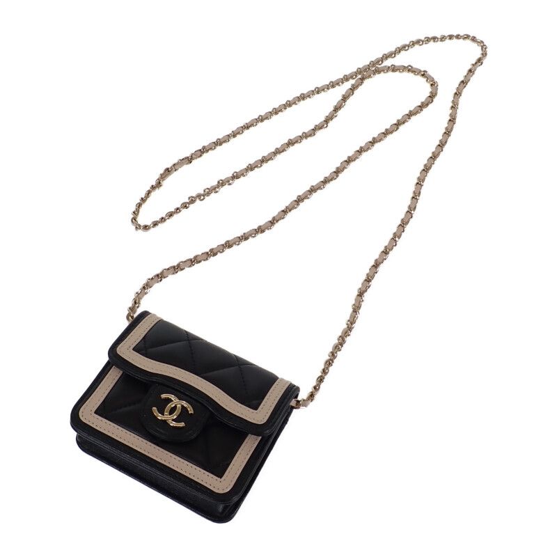 Chanel Mini Matelasse Chain Clutch Ap3560 Shoulder Bag Lambskin Black Beige