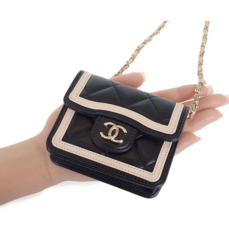 Chanel Mini Matelasse Chain Clutch Ap3560 Shoulder Bag Lambskin Black Beige