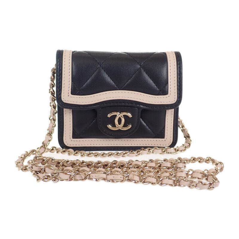 Chanel Mini Matelasse Chain Clutch Ap3560 Shoulder Bag Lambskin Black Beige
