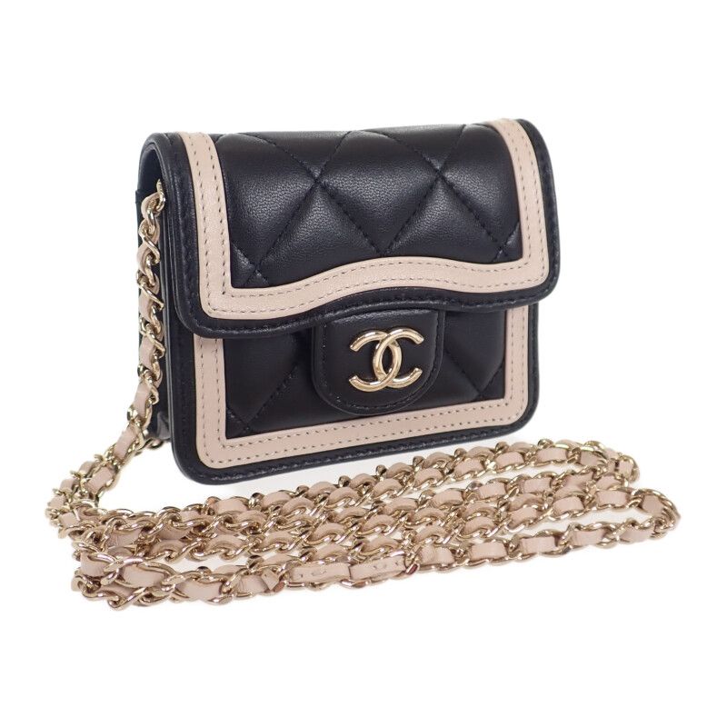 Chanel Mini Matelasse Chain Clutch Ap3560 Shoulder Bag Lambskin Black Beige