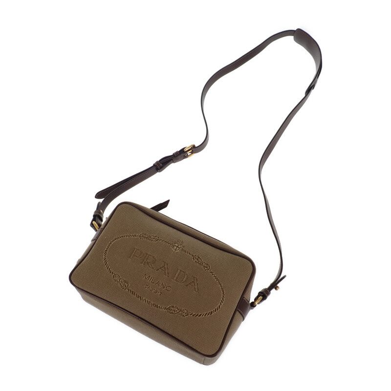 Prada Logo Jacquard Shoulder 1bh089_ucw_f0b16 Canvas Shoulder Bag Leather Beige