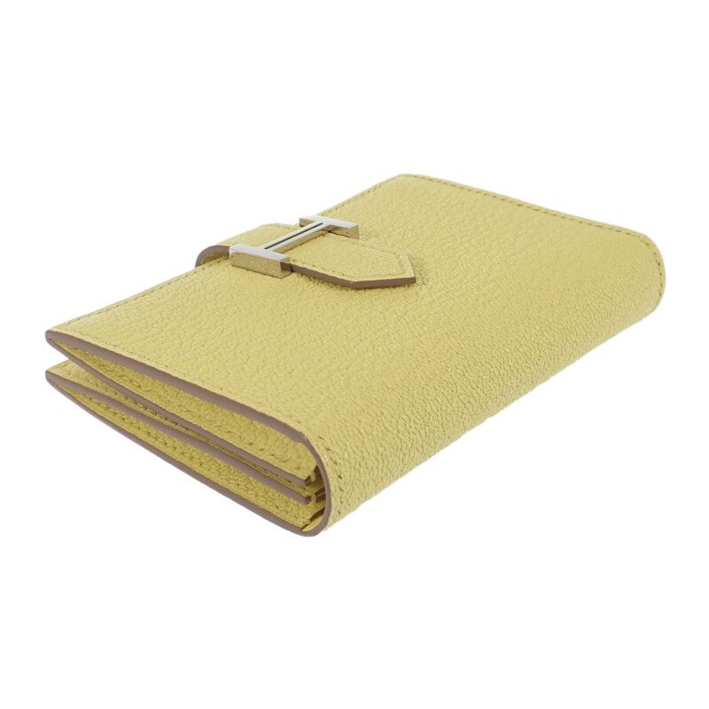 Hermes Bearn W Engraved Card Case Chevre Lime Yellow Silver Hardware Ladies