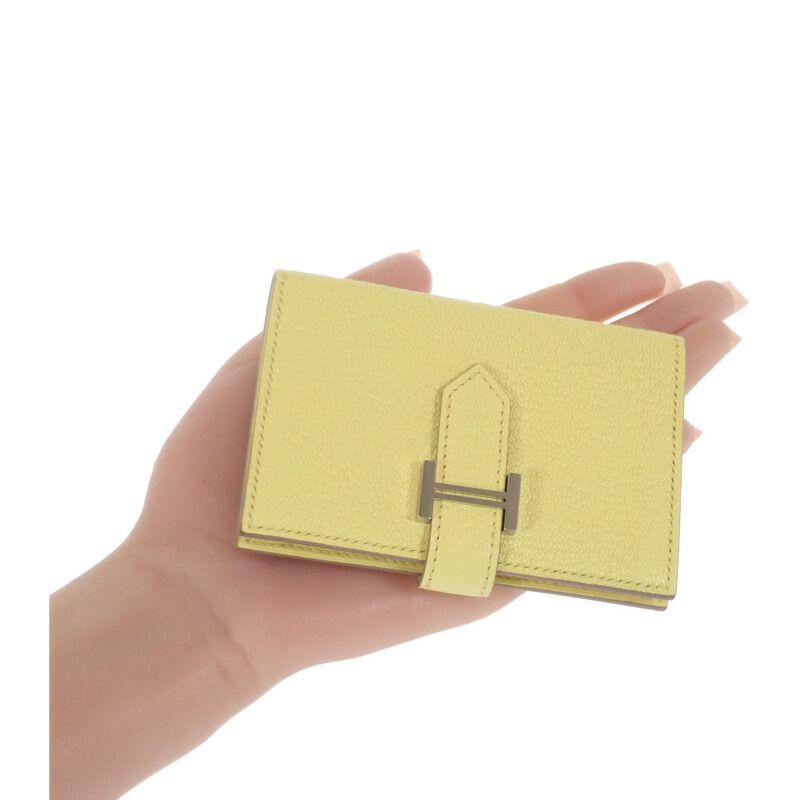 Hermes Bearn W Engraved Card Case Chevre Lime Yellow Silver Hardware Ladies