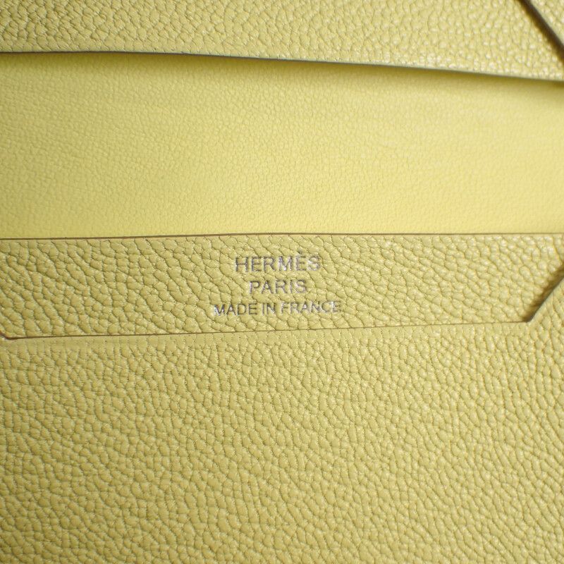 Hermes Bearn W Engraved Card Case Chevre Lime Yellow Silver Hardware Ladies