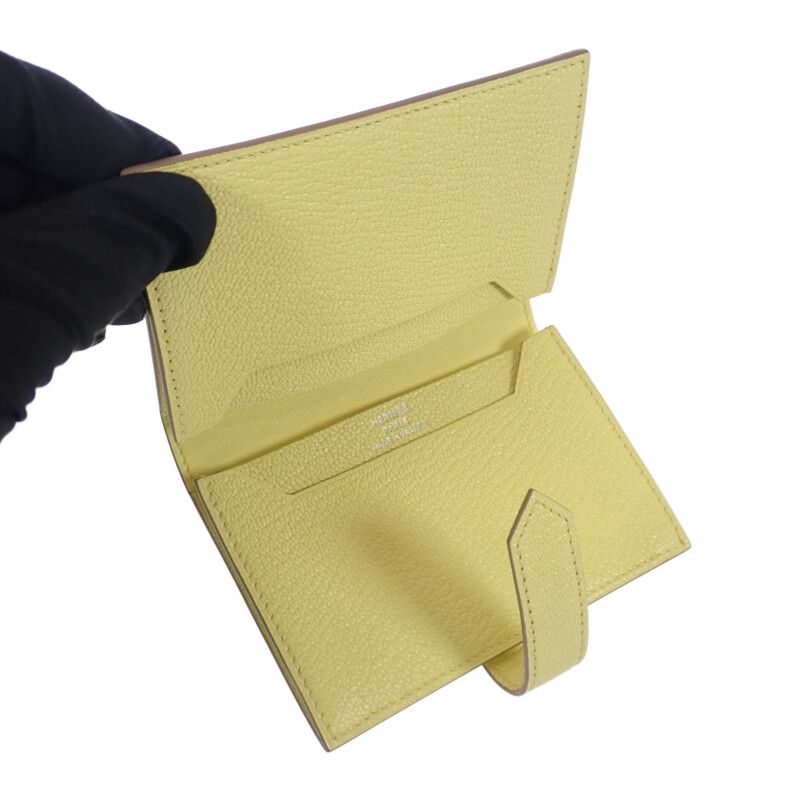 Hermes Bearn W Engraved Card Case Chevre Lime Yellow Silver Hardware Ladies