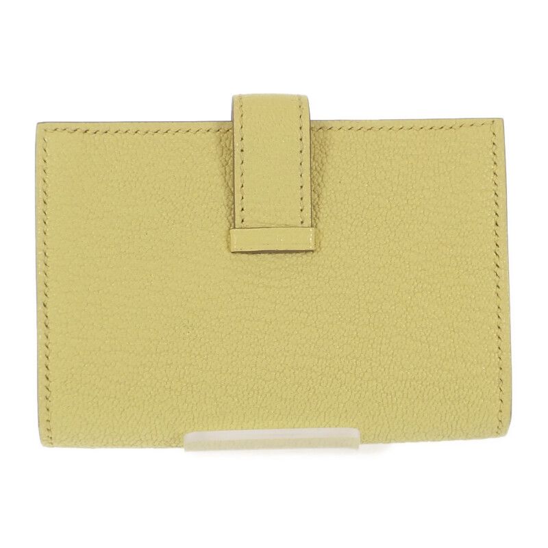 Hermes Bearn W Engraved Card Case Chevre Lime Yellow Silver Hardware Ladies