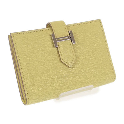 Hermes Bearn W Engraved Card Case Chevre Lime Yellow Silver Hardware Ladies