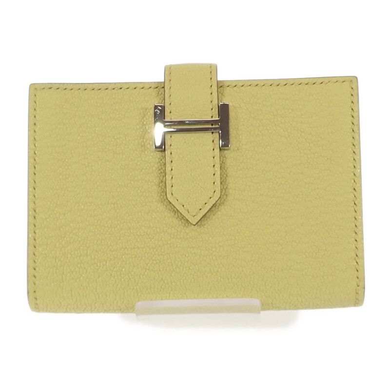 Hermes Bearn W Engraved Card Case Chevre Lime Yellow Silver Hardware Ladies
