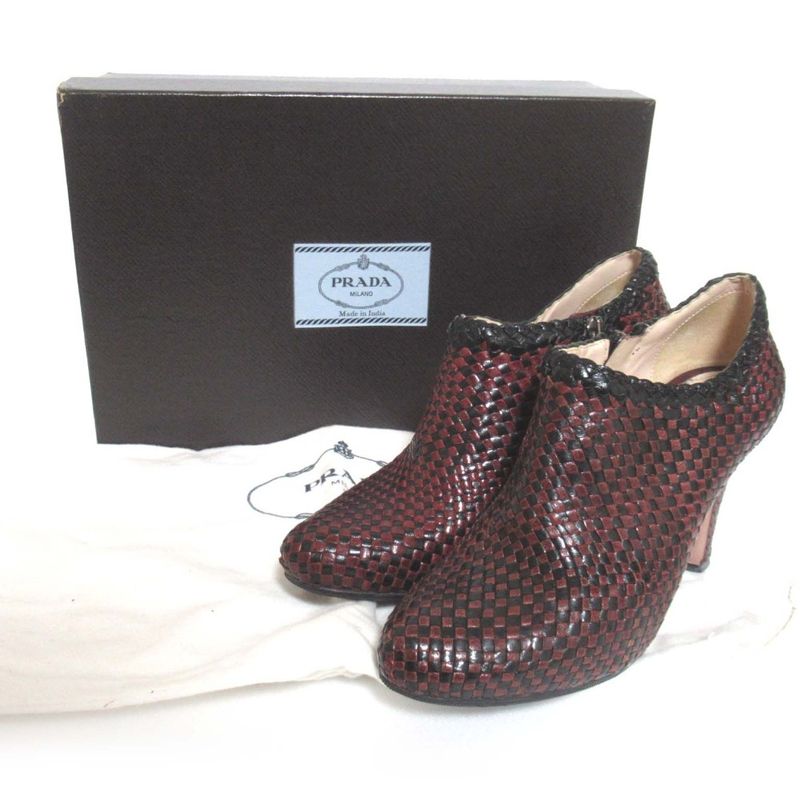 Prada Leather Mesh Braided High Heel Booties Short Boots 35.5 Size 22.5cm