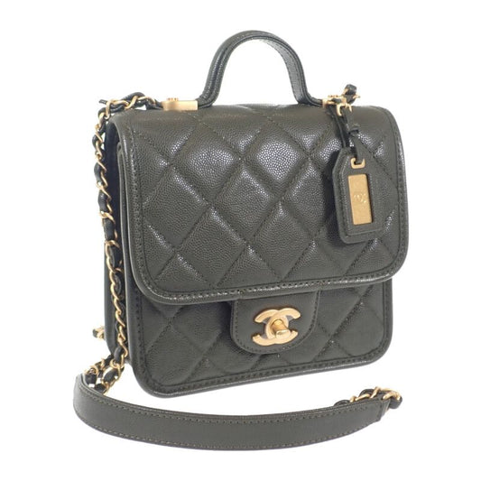 Chanel Small Top Handle Flap As3652 2WAY Bag Hand Shoulder Caviar Skin Khaki