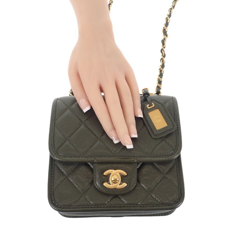 Chanel Small Top Handle Flap As3652 2WAY Bag Hand Shoulder Caviar Skin Khaki