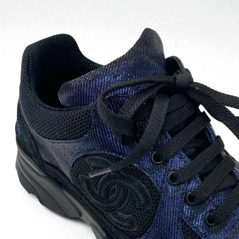 Chanel Sneakers Shoes Fabric Black Blue Black Here Mark Metallic