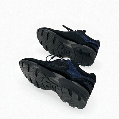 Chanel Sneakers Shoes Fabric Black Blue Black Here Mark Metallic