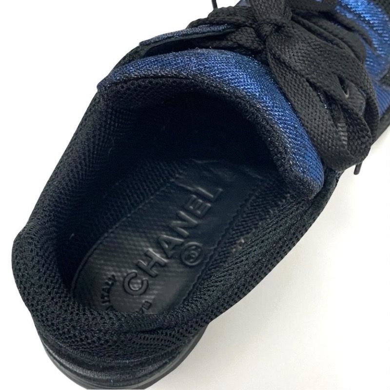 Chanel Sneakers Shoes Fabric Black Blue Black Here Mark Metallic