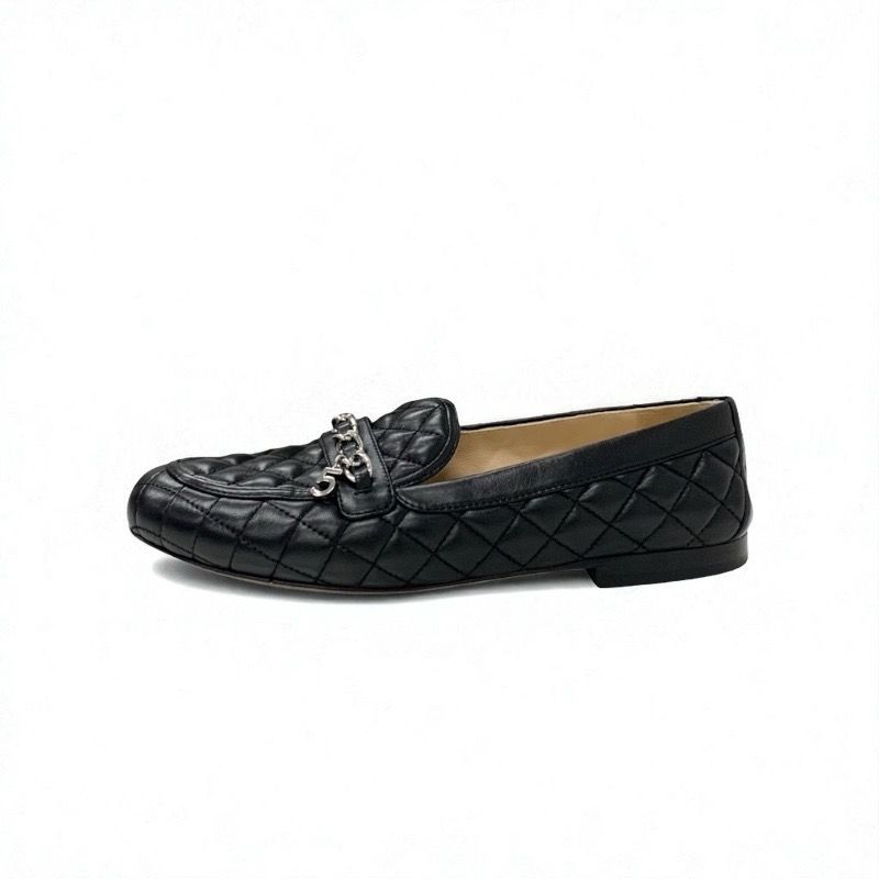 Chanel Loafer Leather Shoes Leather Black Silver Here Mark Matelasse Flat Shoes