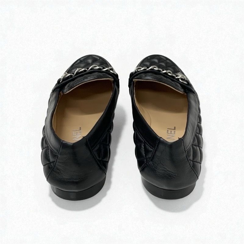 Chanel Loafer Leather Shoes Leather Black Silver Here Mark Matelasse Flat Shoes
