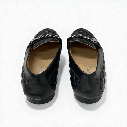 Chanel Loafer Leather Shoes Leather Black Silver Here Mark Matelasse Flat Shoes