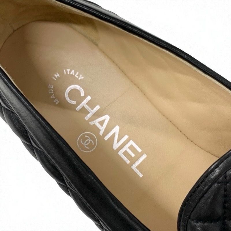 Chanel Loafer Leather Shoes Leather Black Silver Here Mark Matelasse Flat Shoes