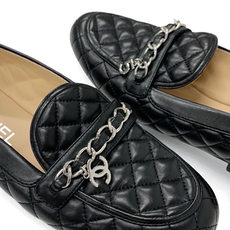 Chanel Loafer Leather Shoes Leather Black Silver Here Mark Matelasse Flat Shoes