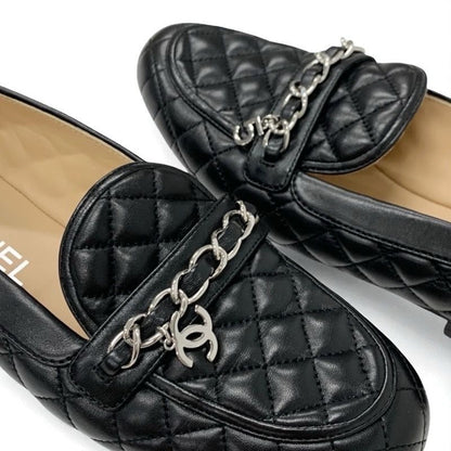 Chanel Loafer Leather Shoes Leather Black Silver Here Mark Matelasse Flat Shoes
