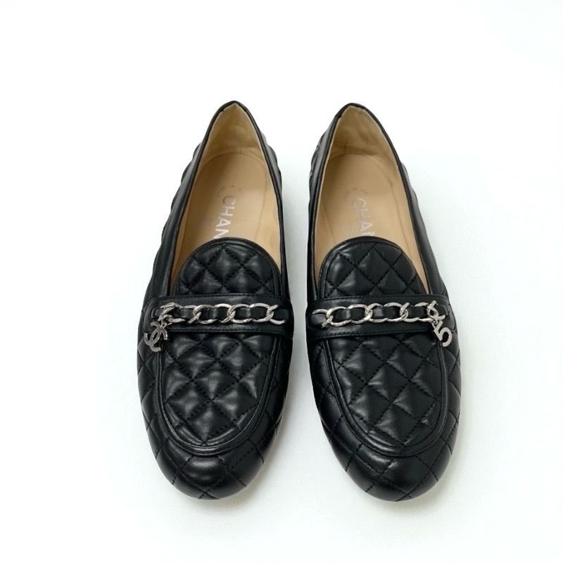Chanel Loafer Leather Shoes Leather Black Silver Here Mark Matelasse Flat Shoes