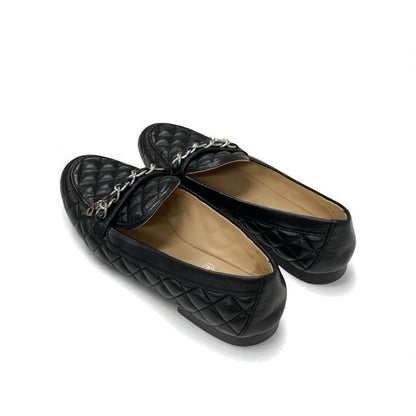 Chanel Loafer Leather Shoes Leather Black Silver Here Mark Matelasse Flat Shoes