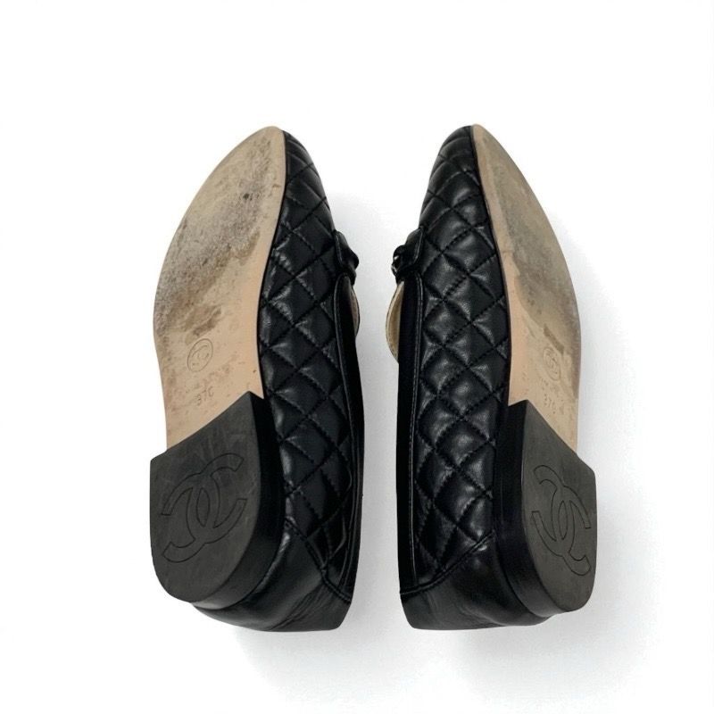 Chanel Loafer Leather Shoes Leather Black Silver Here Mark Matelasse Flat Shoes