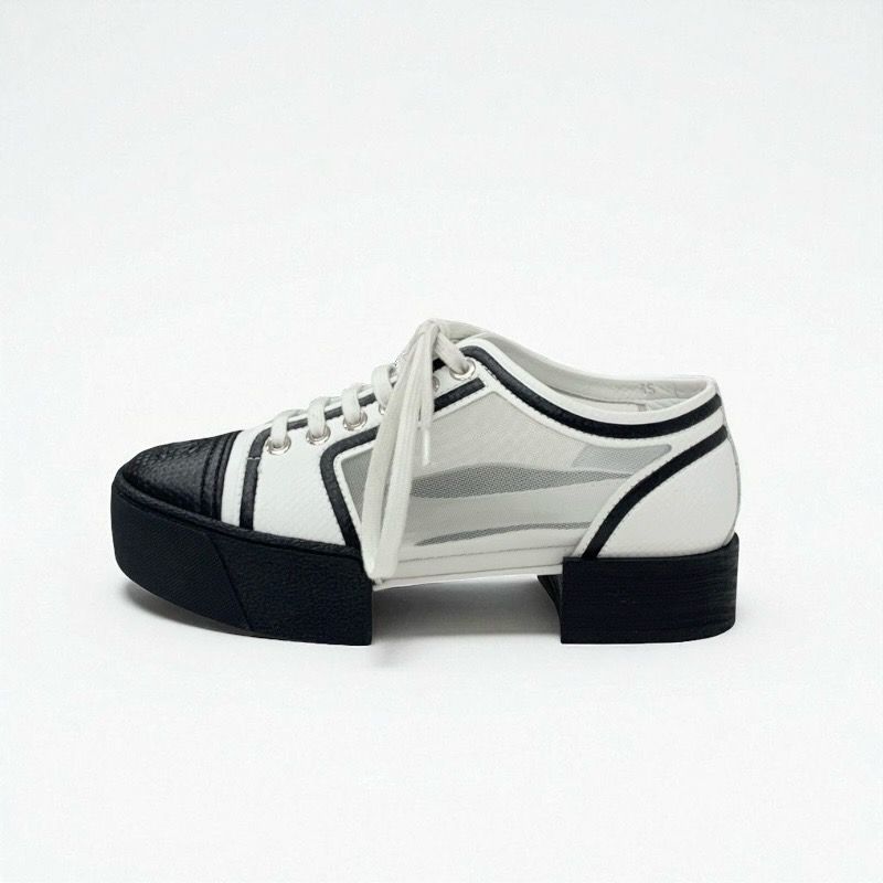 Chanel Sneakers Shoes Leather Mesh White Black Here Mark Lace Up
