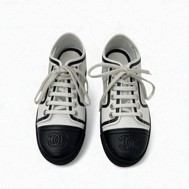 Chanel Sneakers Shoes Leather Mesh White Black Here Mark Lace Up