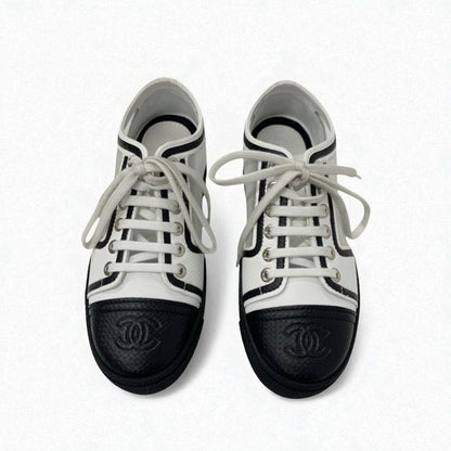 Chanel Sneakers Shoes Leather Mesh White Black Here Mark Lace Up